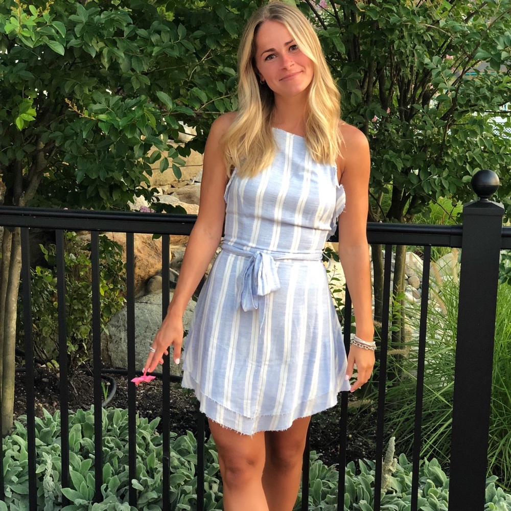 Blue and White Striped High Neck Dress
